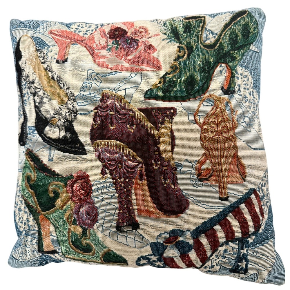 Vintage Needlepoint Heels Shoes Throw Pillow 10x10 Tapestry Accent Cushion
